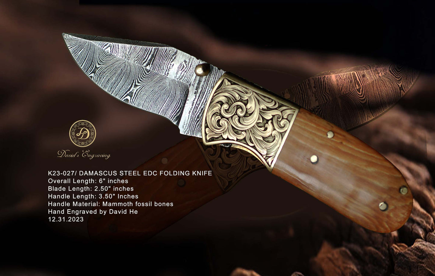 DAMASCUS STEEL EDC FOLDING KNIFE #027