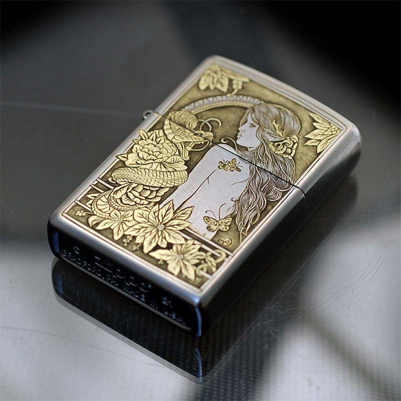 Hand-engraved brass zippo lighter#ZL008