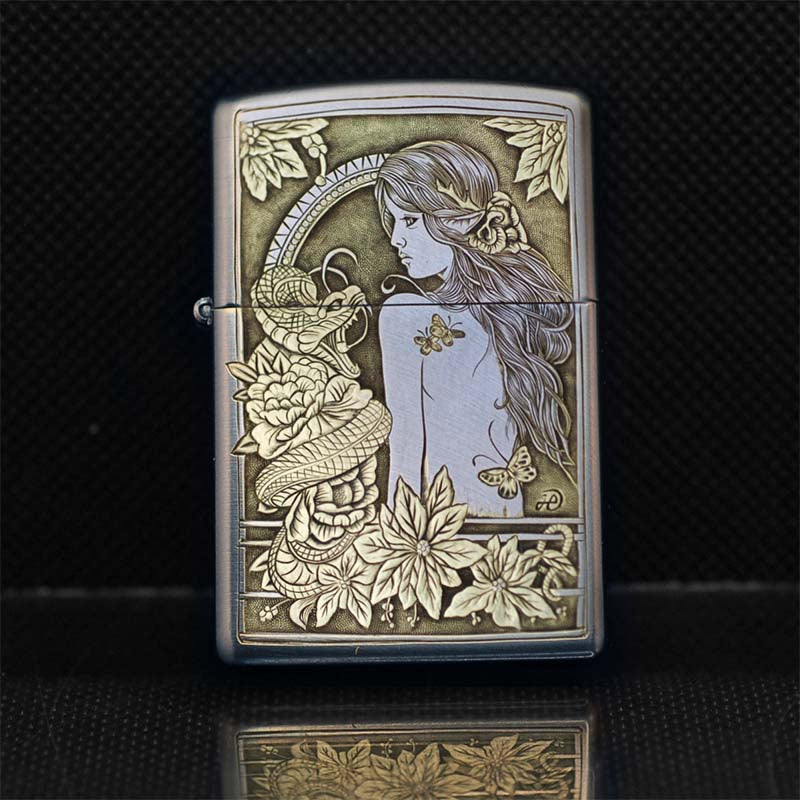 Hand-engraved brass zippo lighter#ZL008