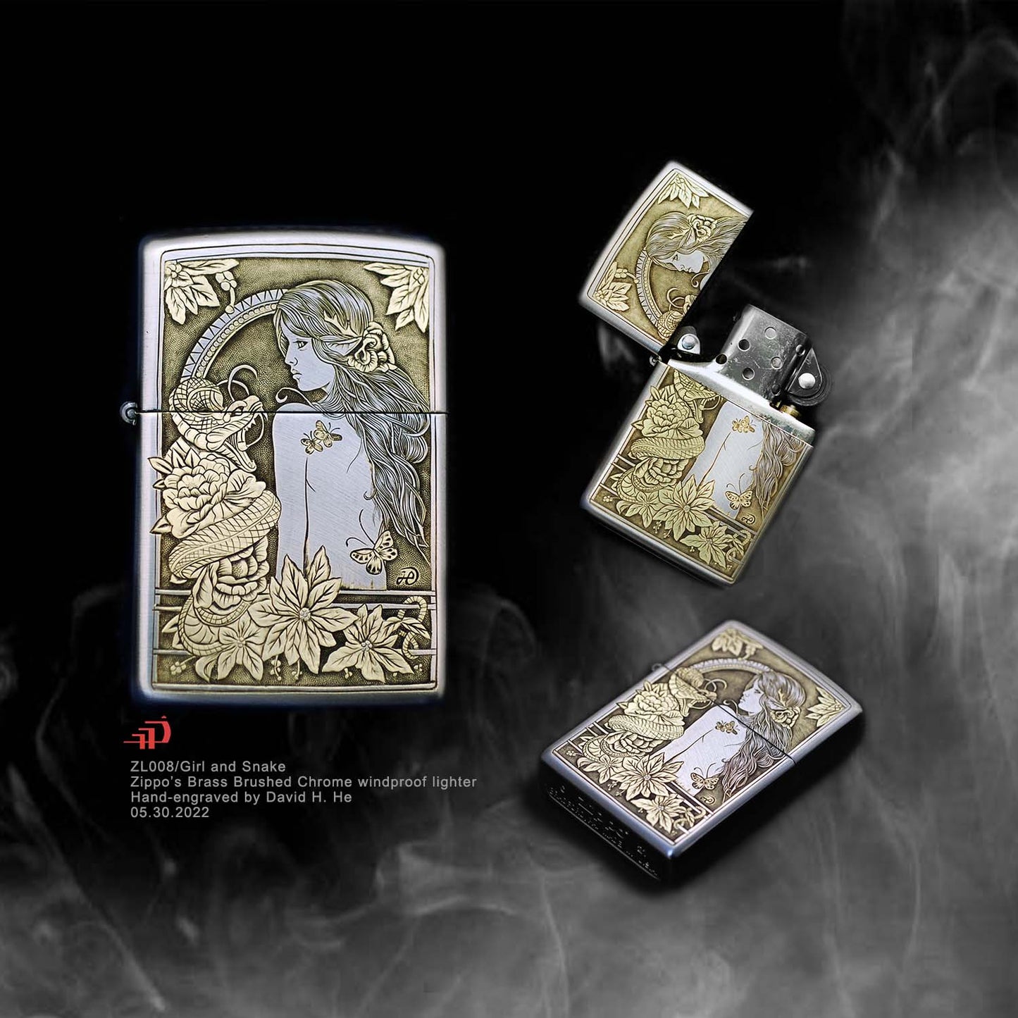 Hand-engraved brass zippo lighter#ZL008